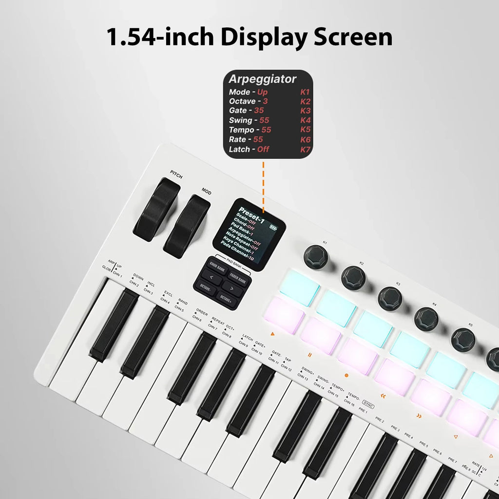 M-VAVE SMK-37 Pro Keyboard MIDI Controller w/Built-in Synthesizer|16 RGB Backlit Drum Pads,8 Knobs,4 Sliders/Music Production