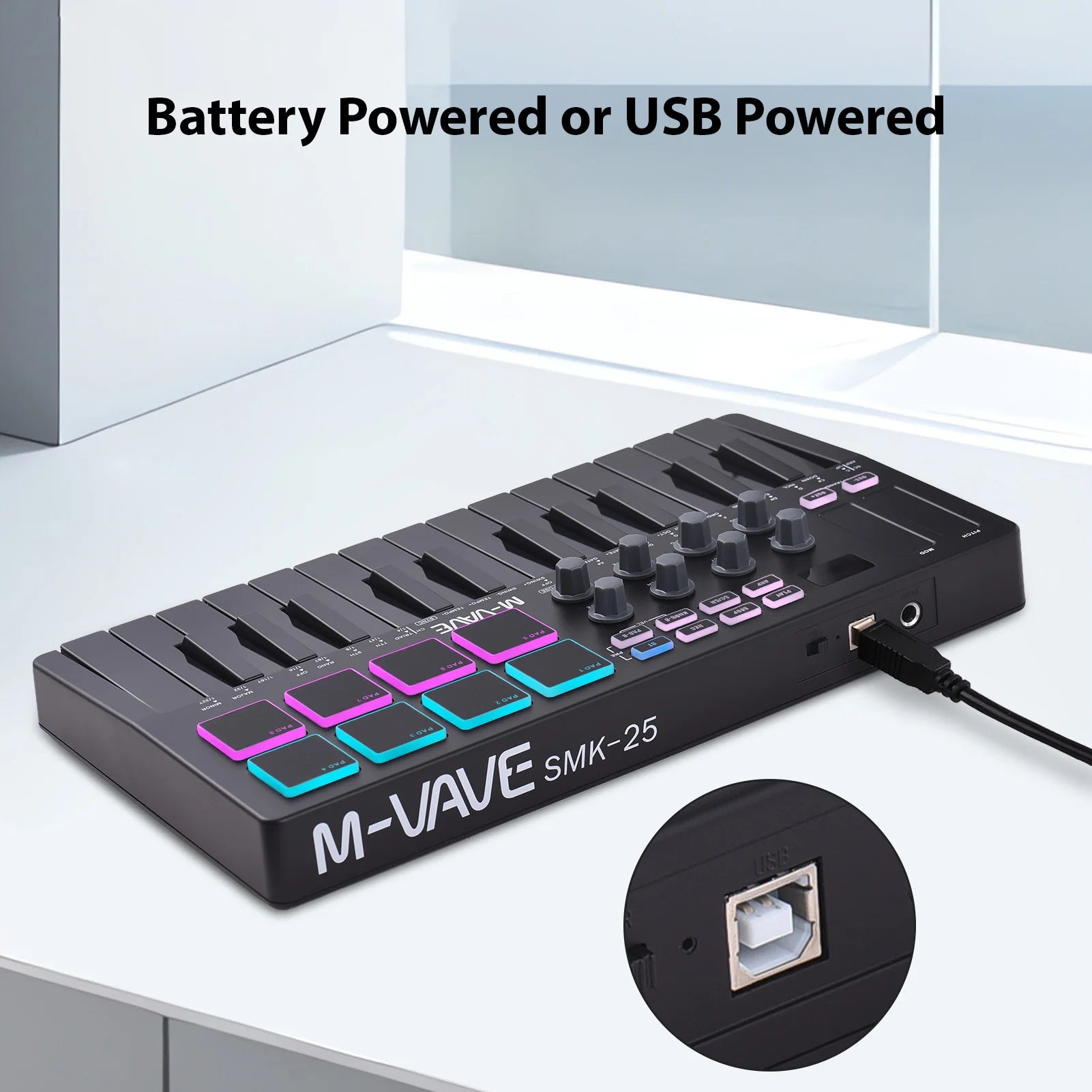 MIDI Keyboard Controller Beat Maker Machine Rechargeable 25 Keys MIDI Keyboard Portable Arranging Strike Pad RGB Backlight MIDI