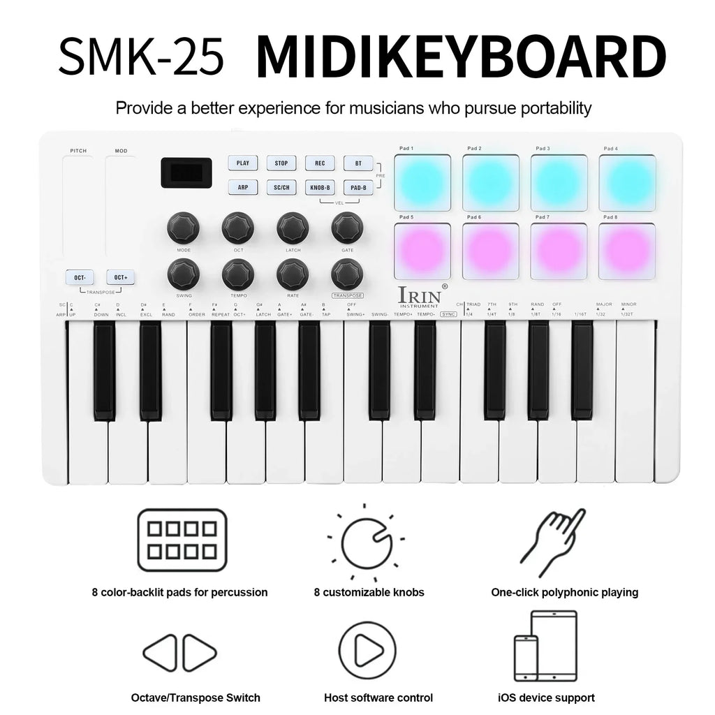 IRIN 25-Key MIDI Controller Keyboard Mini Portable USB Keyboard Piano SMK-25 MIDI Keyboard Controller 8 RGB Backlit Pads 8 Knobs