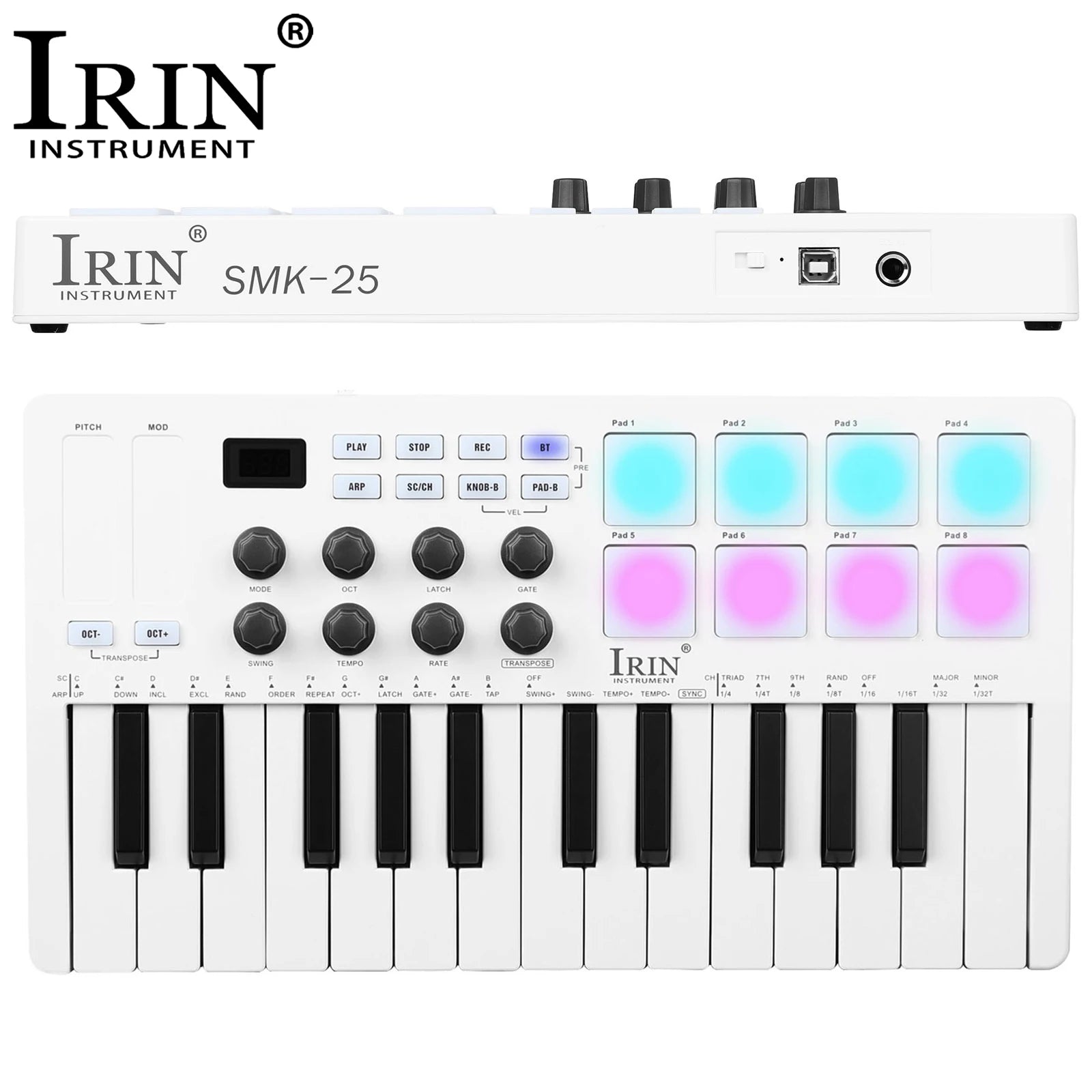 IRIN 25-Key MIDI Controller Keyboard Mini Portable USB Keyboard Piano SMK-25 MIDI Keyboard Controller 8 RGB Backlit Pads 8 Knobs