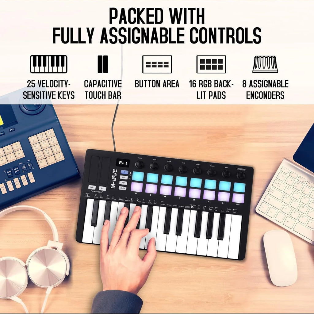 M-VAVE SMK-25 II 25 Key MIDI Controller Keyboard Mini USB 16 RGB Drum Pads 8 Knobs with Music Production Software Included