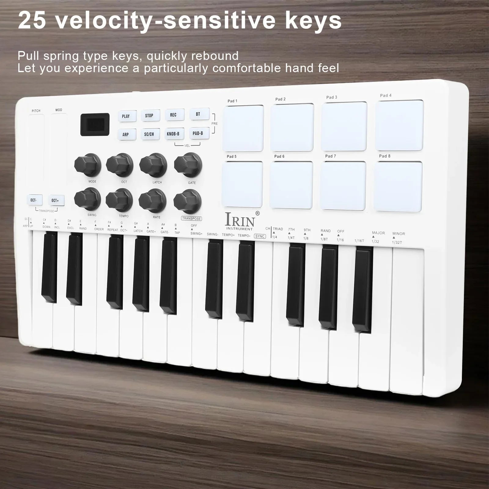 IRIN 25-Key MIDI Controller Keyboard Mini Portable USB Keyboard Piano SMK-25 MIDI Keyboard Controller 8 RGB Backlit Pads 8 Knobs