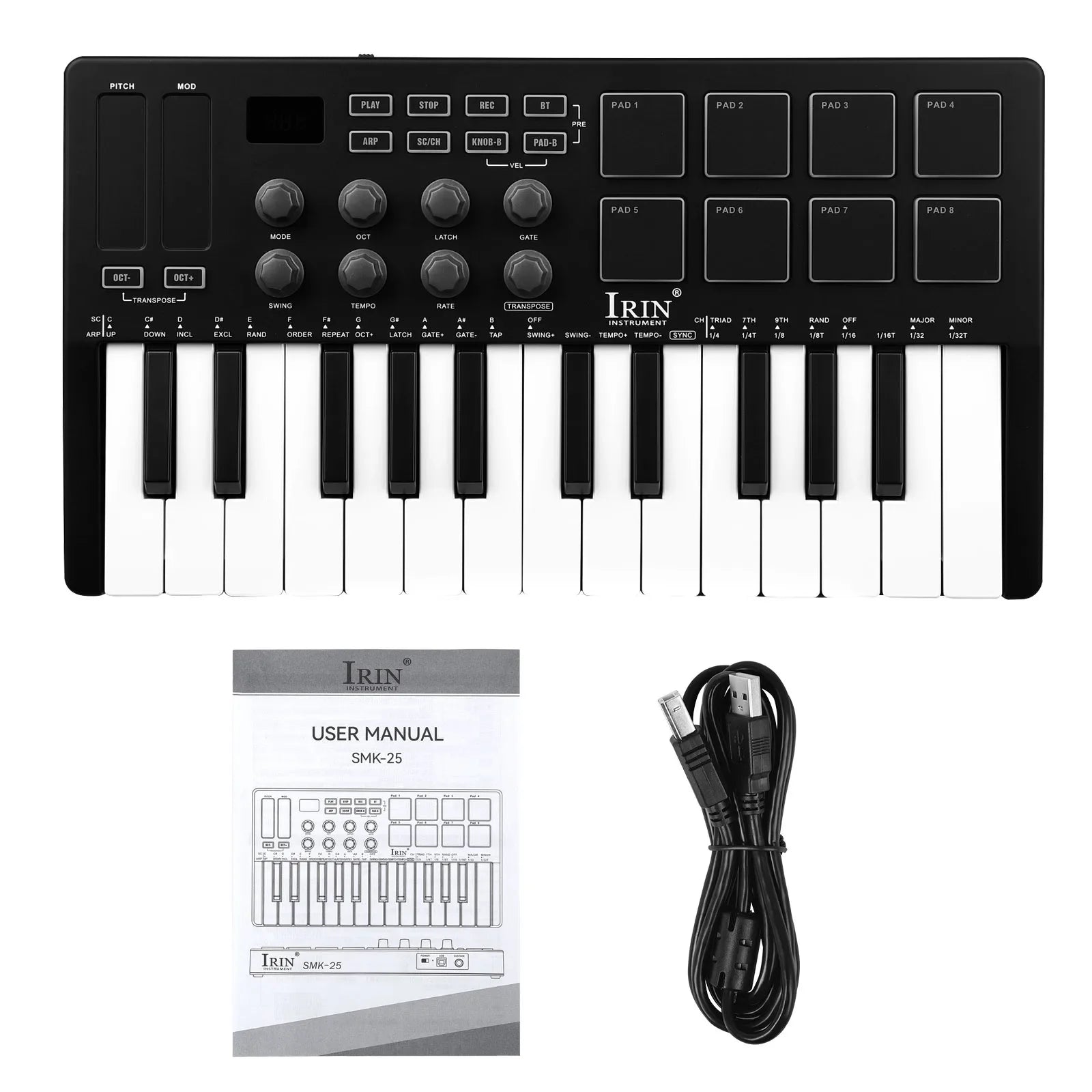 IRIN 25-Key MIDI Controller Keyboard Mini Portable USB Keyboard Piano SMK-25 MIDI Keyboard Controller 8 RGB Backlit Pads 8 Knobs