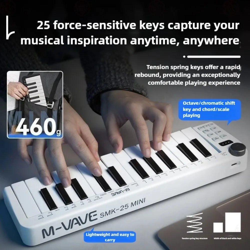 M-VAVE SMK-25mini MIDI Keyboard Rechargeable 25-Key MIDI Control Keyboard Instrument Mini Portable USB Keyboard MIDI Controller