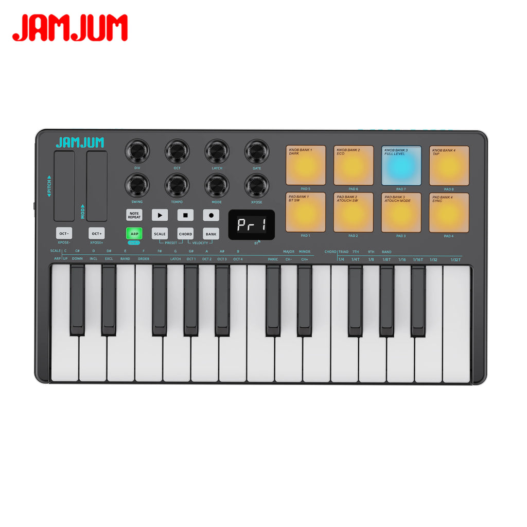JAMJUM 25 KEY Midi Keyboard with A Wireless Midi Receiver Customized 8 RGB Backlit Pad Compact Portable Rechargeable Battery