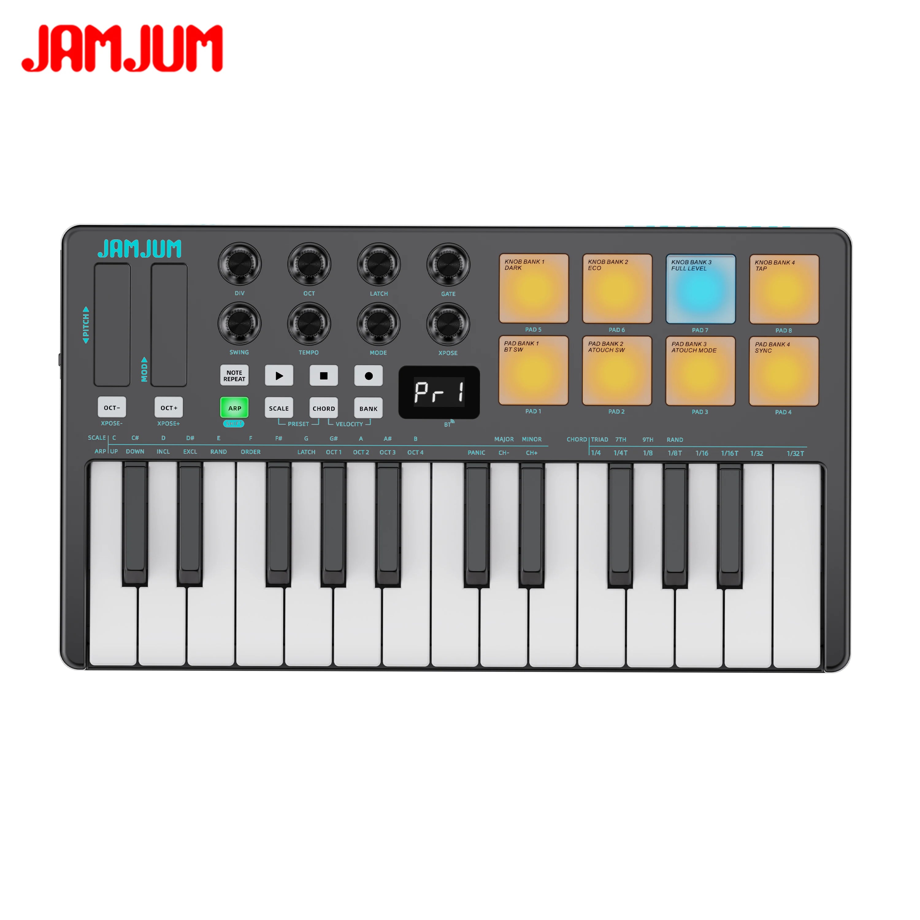JAMJUM 25 KEY Midi Keyboard with A Wireless Midi Receiver Customized 8 RGB Backlit Pad Compact Portable Rechargeable Battery