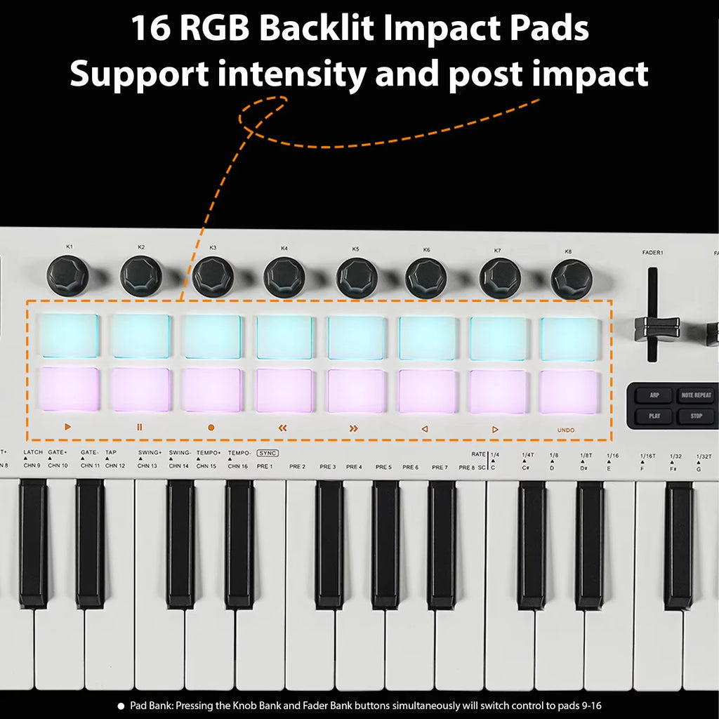 M-VAVE SMK-37 Pro Keyboard MIDI Controller w/Built-in Synthesizer|16 RGB Backlit Drum Pads,8 Knobs,4 Sliders/Music Production