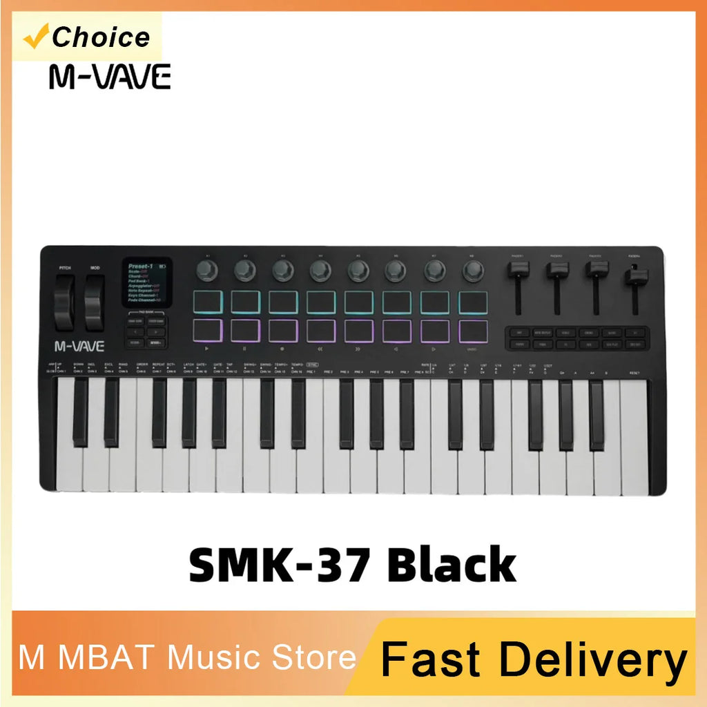 M-VAVE SMK 37 PRO 37 Key RGB MIDI Keyboard with 16 Drum Pads Sound Source Wireless Multi-System Connection Support for Musicians