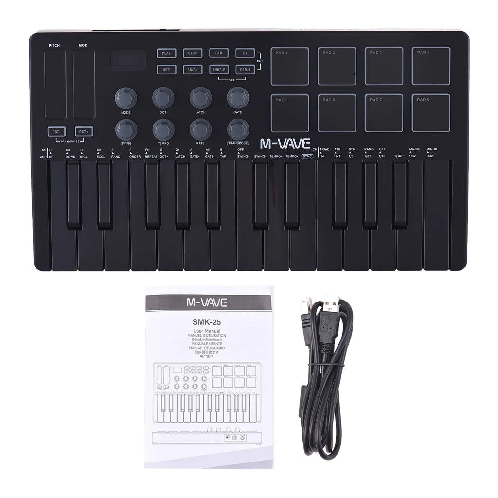 MIDI Keyboard Controller Beat Maker Machine Rechargeable 25 Keys MIDI Keyboard Portable Arranging Strike Pad RGB Backlight MIDI