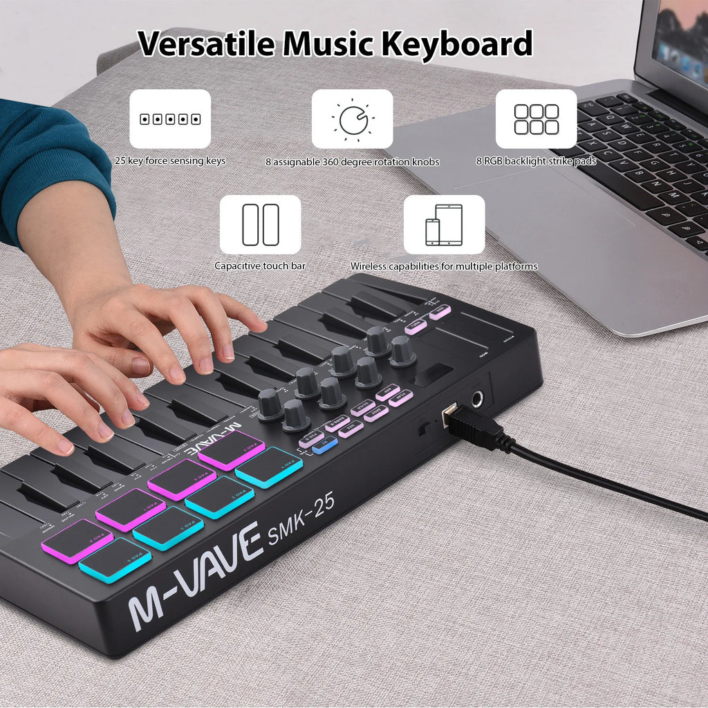 MIDI Keyboard Controller Beat Maker Machine Rechargeable 25 Keys MIDI Keyboard Portable Arranging Strike Pad RGB Backlight MIDI