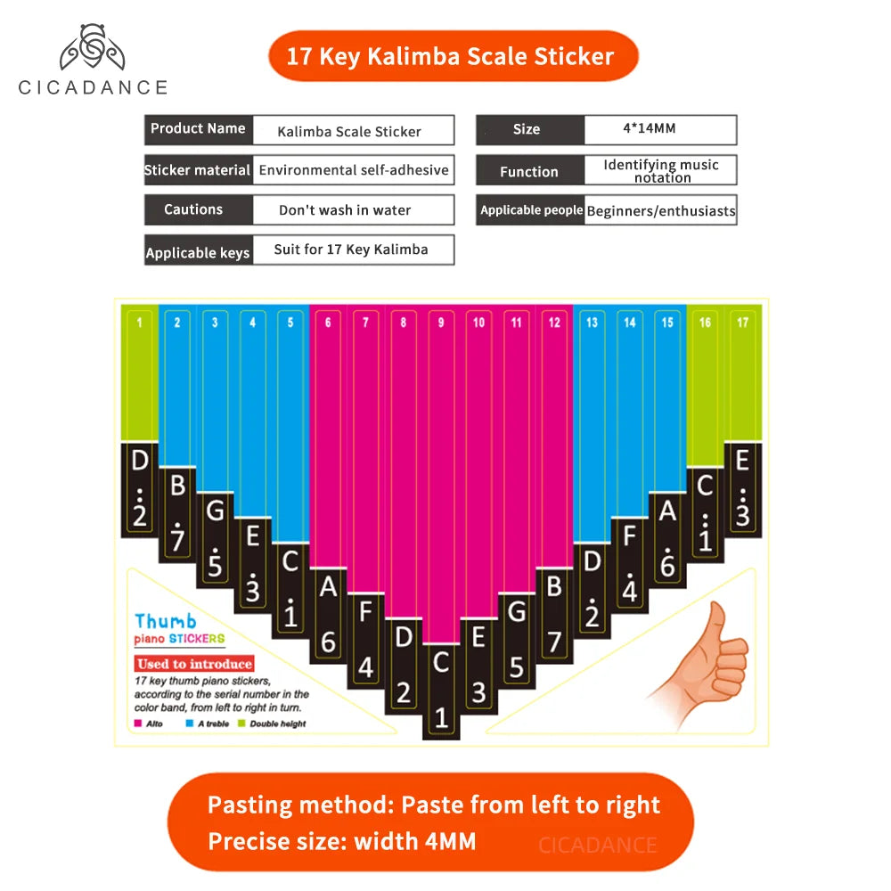 CICADANCE Kalimba Scale Sticker 17/21/34 Key Calimba Note Sticker Thumb Piano Music Learning Accessories For Beginner Kids