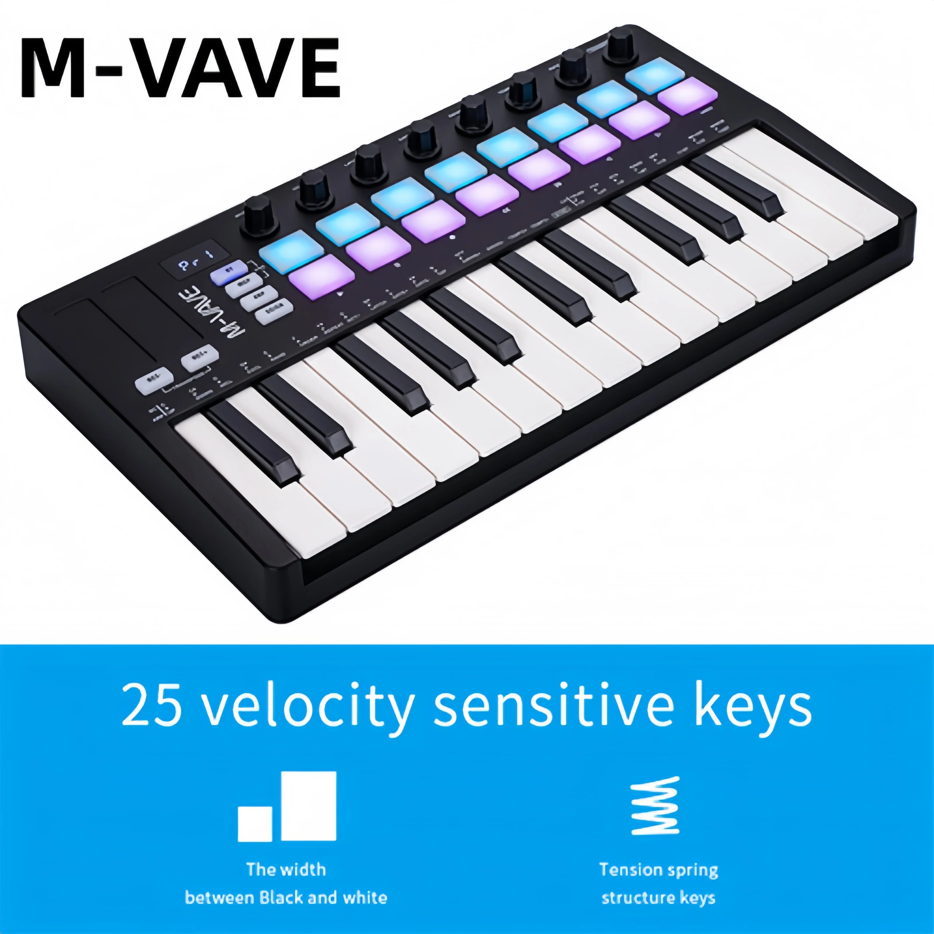 M-VAVE SMK-25 II MIDI Keyboard Controller, 25 Mini Keys 16 RGB Drum Pads 8 Knobs USB with DAW Software for Music Production
