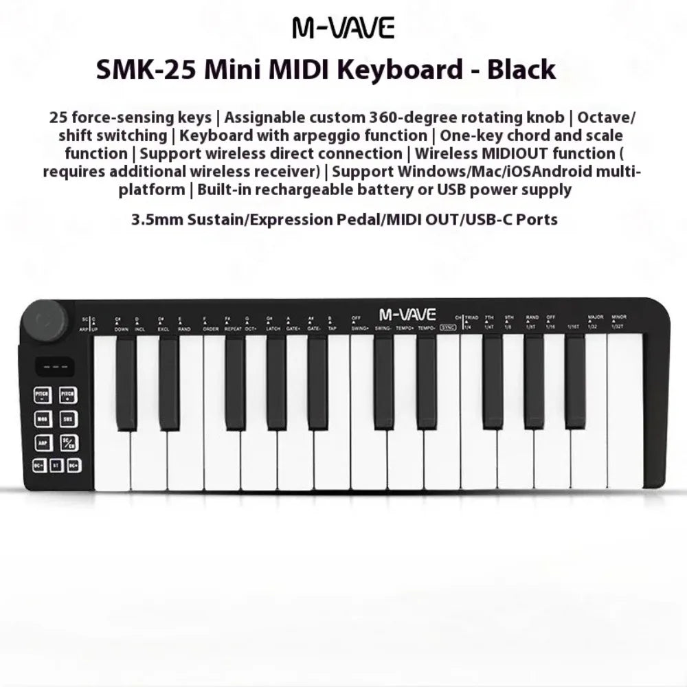 M-VAVE SMK-25mini MIDI Keyboard Rechargeable 25-Key MIDI Control Keyboard Instrument Mini Portable USB Keyboard MIDI Controller