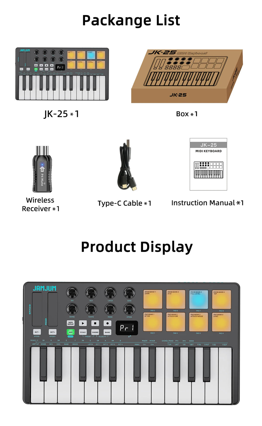 JAMJUM 25 KEY Midi Keyboard with A Wireless Midi Receiver Customized 8 RGB Backlit Pad Compact Portable Rechargeable Battery