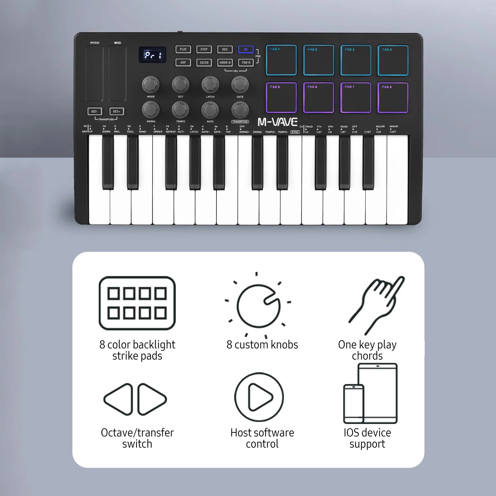 M-VAVE 25-Key MIDI Control Keyboard Mini Portable USB Keyboard MIDI Controller with 25 Velocity Sensitive Keys 8 RGB Backlit