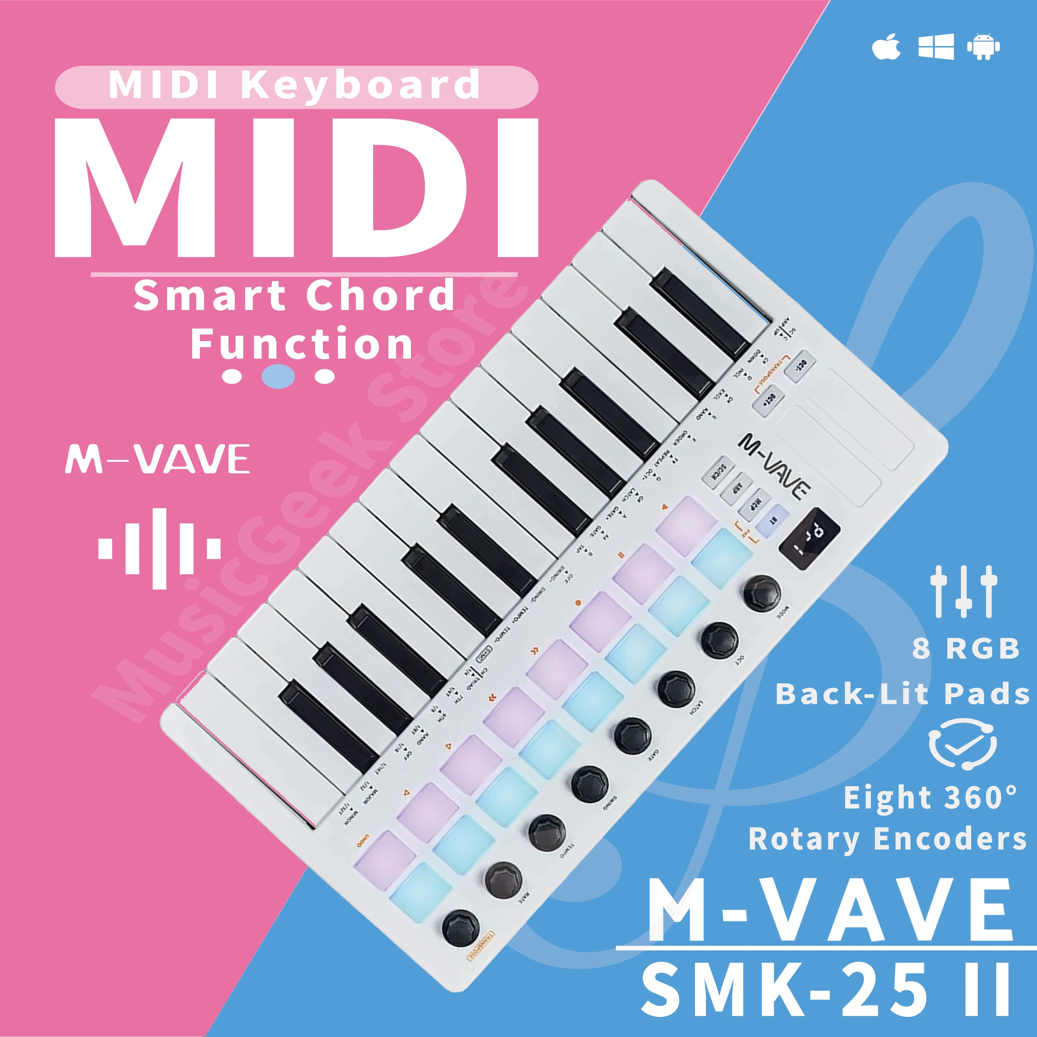 M-VAVE SMK-25 II 25 Key MIDI Controller Keyboard Mini USB 16 RGB Drum Pads 8 Knobs with Music Production Software Included