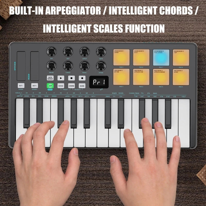 Professional 25 Portable MIDI Controller with Responsive Keys and Colorful Pad Plastic Texture for Various Devices 24BD