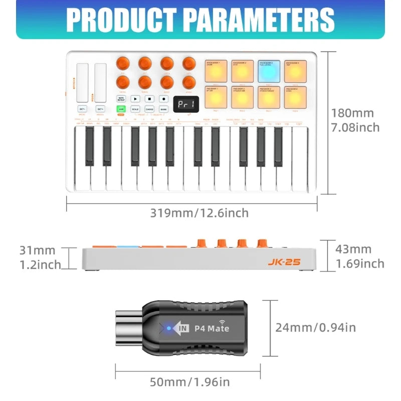 Professional 25 Portable MIDI Controller with Responsive Keys and Colorful Pad Plastic Texture for Various Devices 24BD