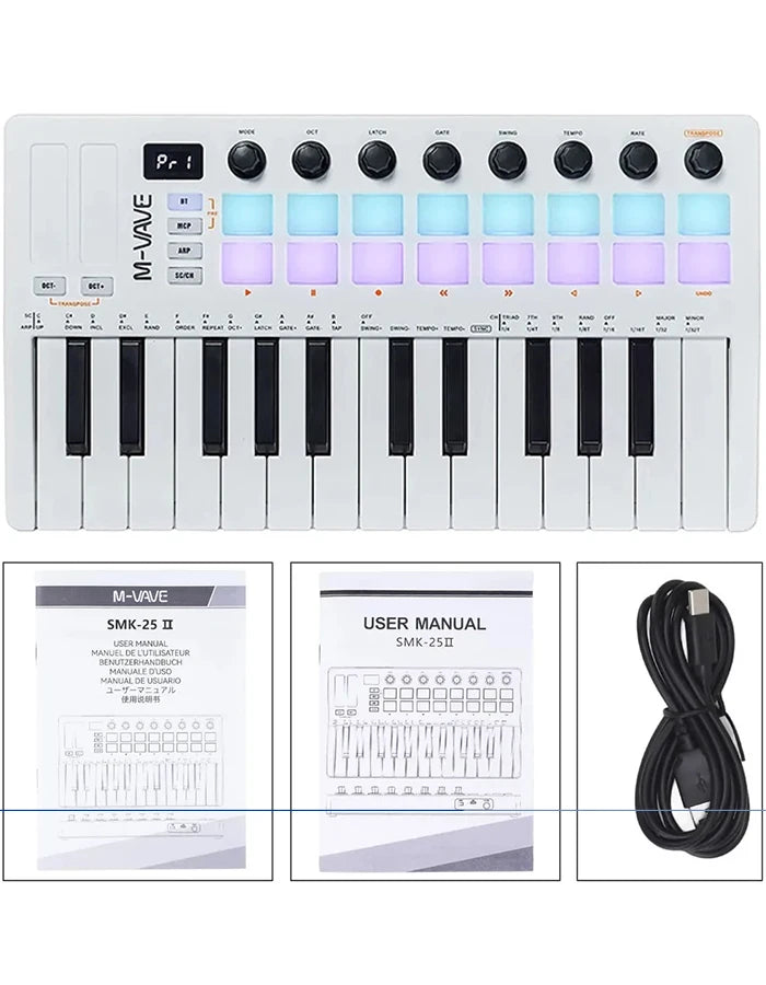M-VAVE SMK-25 II 25 Key MIDI Controller Keyboard Mini USB 16 RGB Drum Pads 8 Knobs with Music Production Software Included