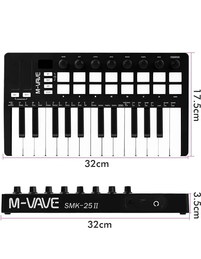 M-VAVE SMK-25 II 25 Key MIDI Controller Keyboard Mini USB 16 RGB Drum Pads 8 Knobs with Music Production Software Included