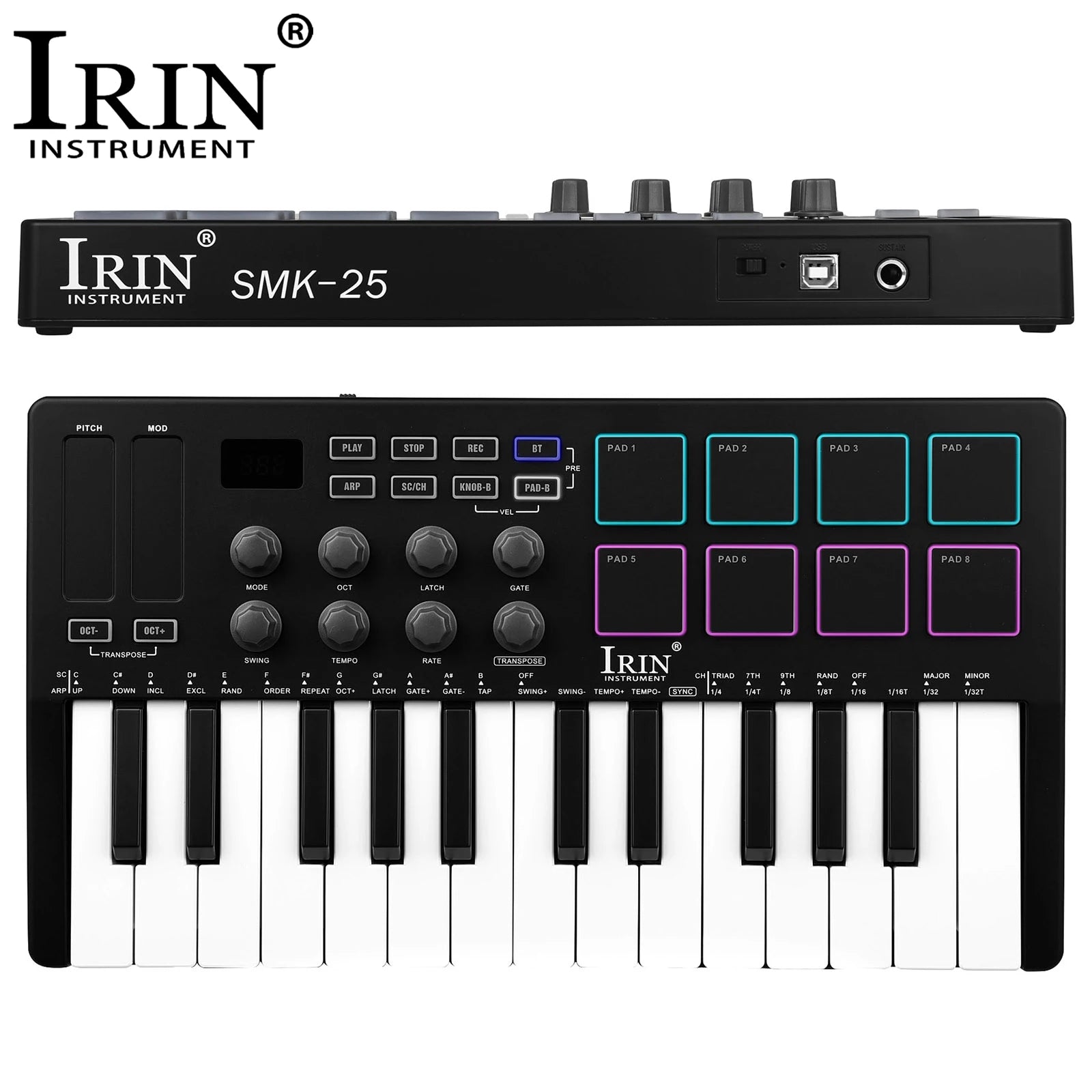 IRIN 25-Key MIDI Controller Keyboard Mini Portable USB Keyboard Piano SMK-25 MIDI Keyboard Controller 8 RGB Backlit Pads 8 Knobs