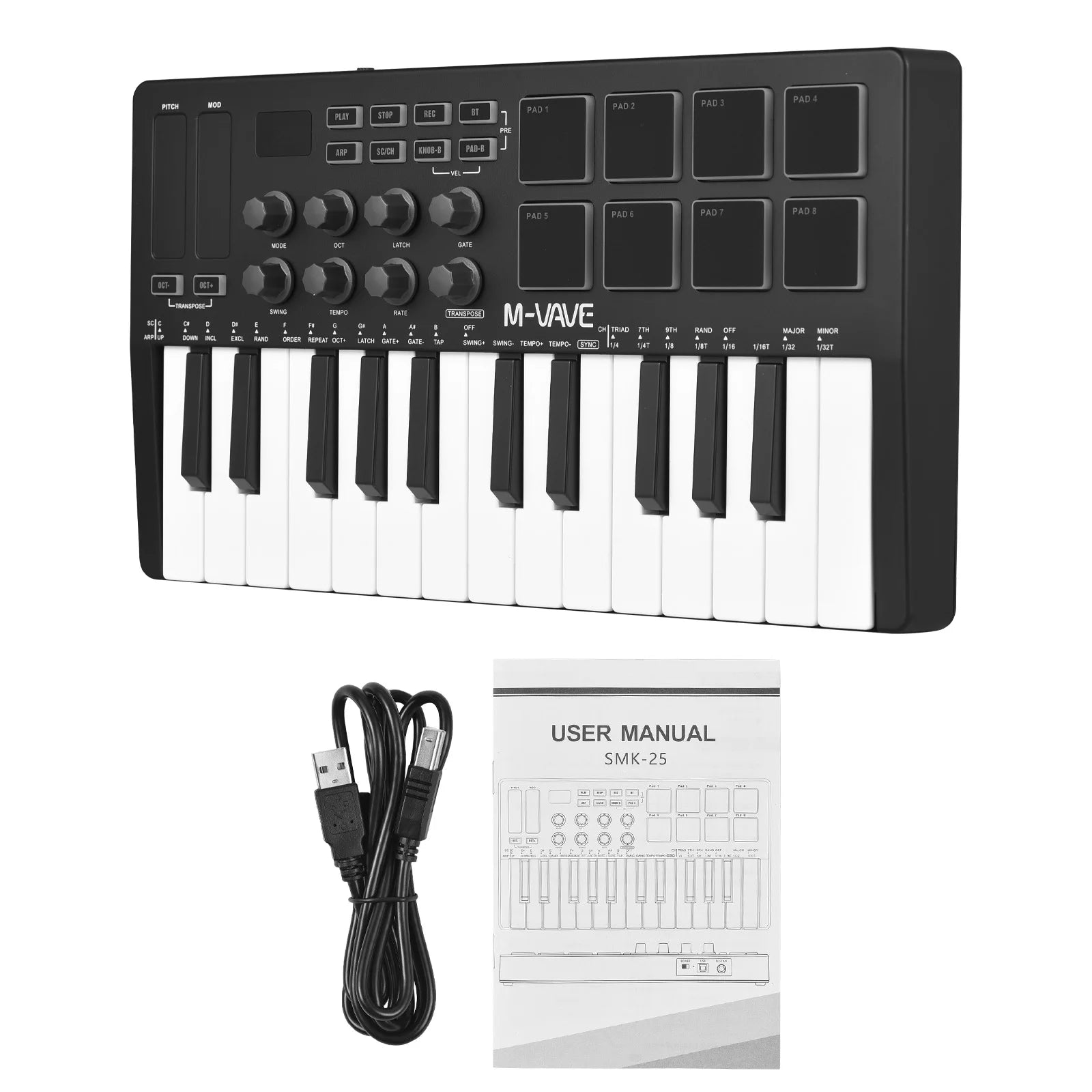 M-VAVE SMK-25 MIDI Keyboard Controller 25-Key 8 RGB Backlit Drum Pads Beats Maker Music Keyboard Strike Pad for Music Production