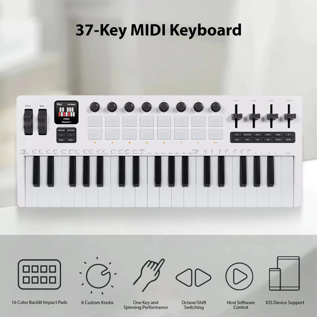 M-VAVE SMK-37 Pro Keyboard MIDI Controller w/Built-in Synthesizer|16 RGB Backlit Drum Pads,8 Knobs,4 Sliders/Music Production
