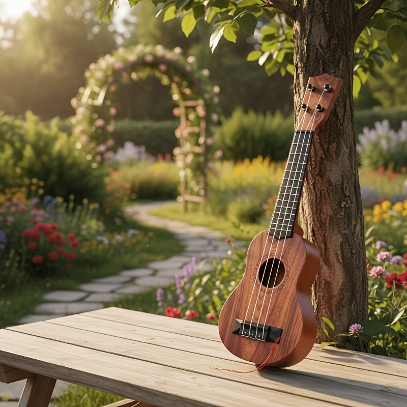 Mahogany color 17-inch Playable Ukulele Mini Guitar, lightweight and portable. Features comfortable nylon strings, includes a pick, and has open-style tuning pegs for precise tuning. Suitable for beginners and music enthusiasts, a popular gift choice for