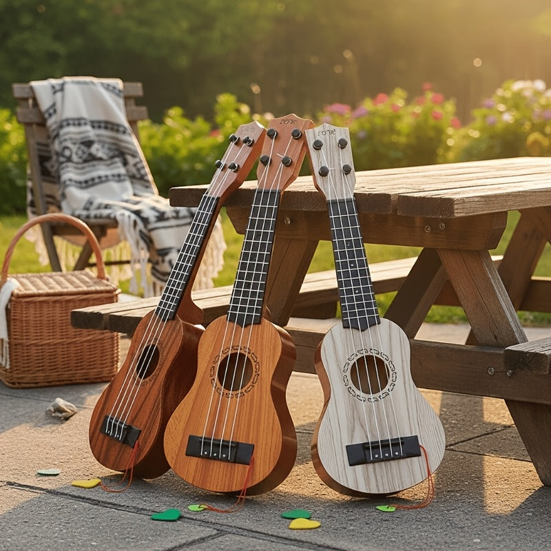 Mahogany color 17-inch Playable Ukulele Mini Guitar, lightweight and portable. Features comfortable nylon strings, includes a pick, and has open-style tuning pegs for precise tuning. Suitable for beginners and music enthusiasts, a popular gift choice for