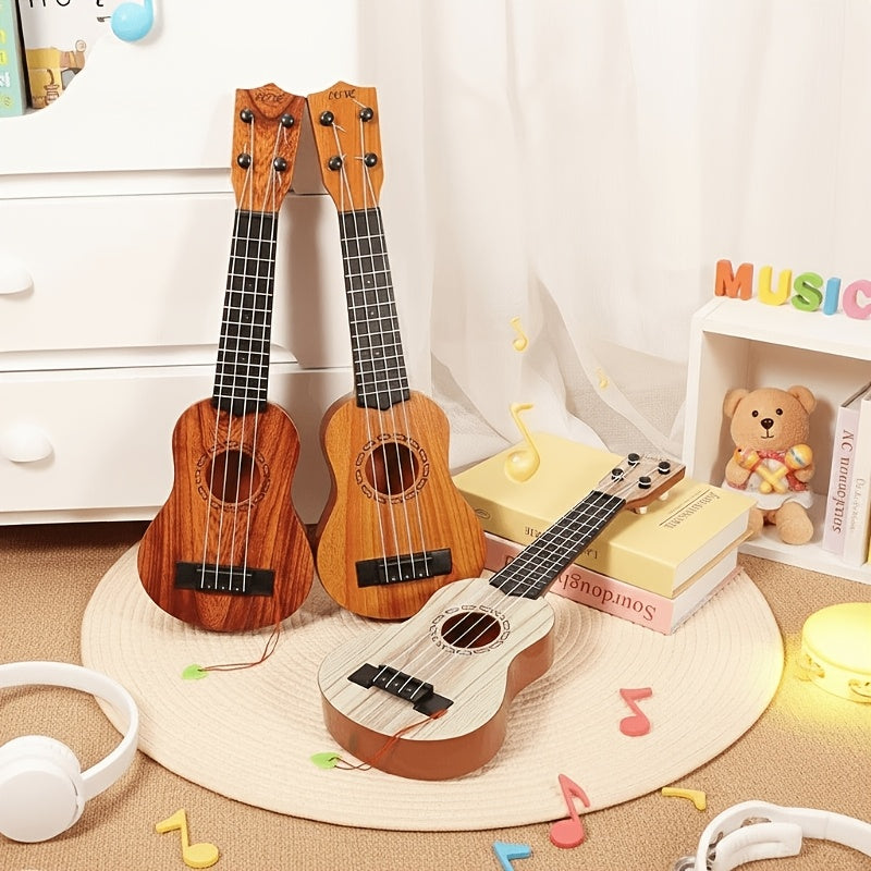 Mahogany color 17-inch Playable Ukulele Mini Guitar, lightweight and portable. Features comfortable nylon strings, includes a pick, and has open-style tuning pegs for precise tuning. Suitable for beginners and music enthusiasts, a popular gift choice for