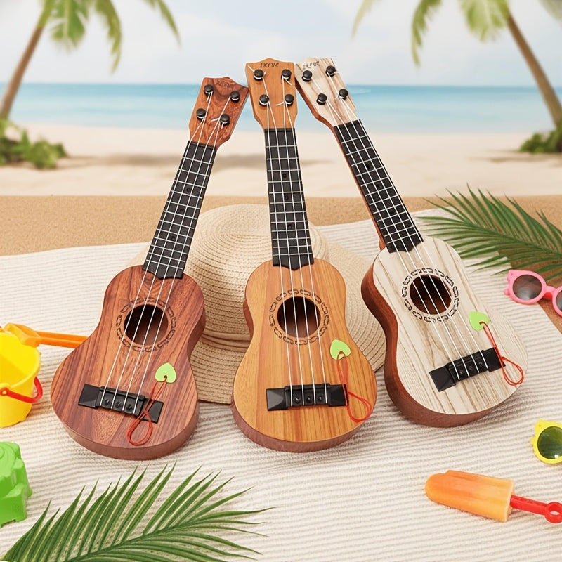 Mahogany color 17-inch Playable Ukulele Mini Guitar, lightweight and portable. Features comfortable nylon strings, includes a pick, and has open-style tuning pegs for precise tuning. Suitable for beginners and music enthusiasts, a popular gift choice for