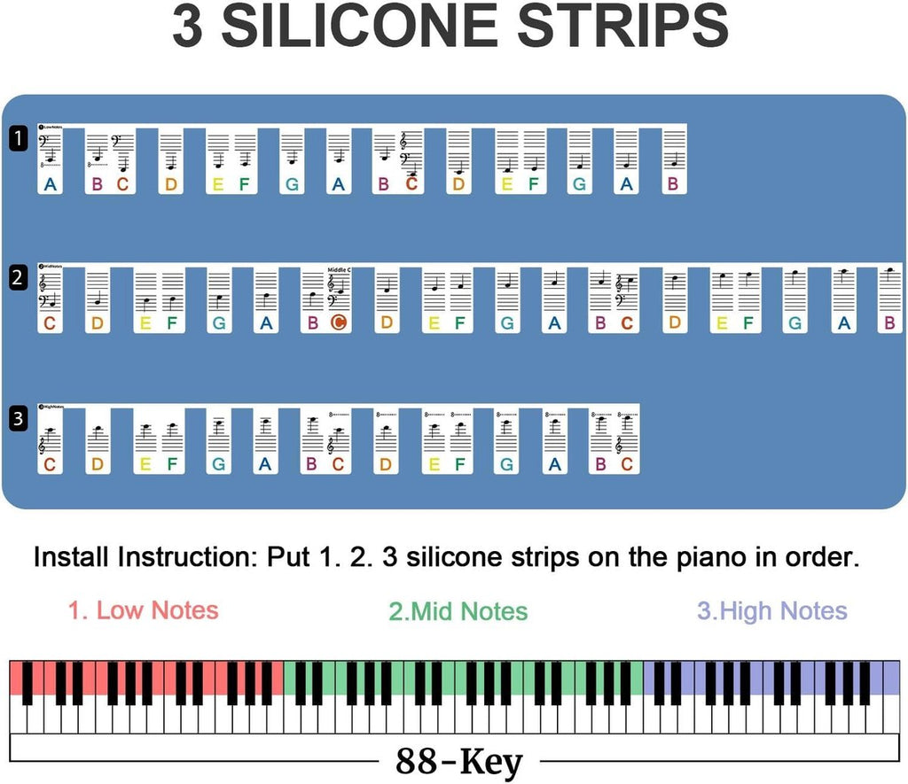 Piano/Keyboard Stickers - 88 keys - Removable Piano Key Stickers - piano stickers - Silicone - learn to play strip - Piano key stickers - Reusable - removable - with numbers - Easily Learn Music Notes - for beginners
