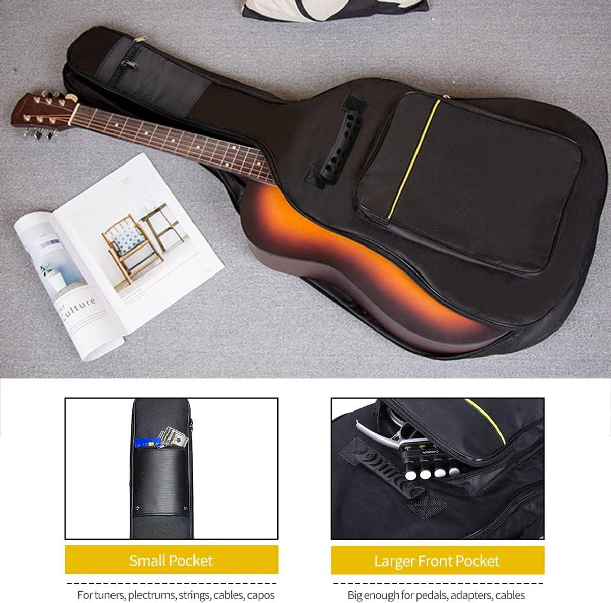 Classic guitar case - Acoustic guitar case - Backpack with exterior pocket and handles - Guitar backpack - Guitar case - Padded - Waterproof - For electric guitars - Black