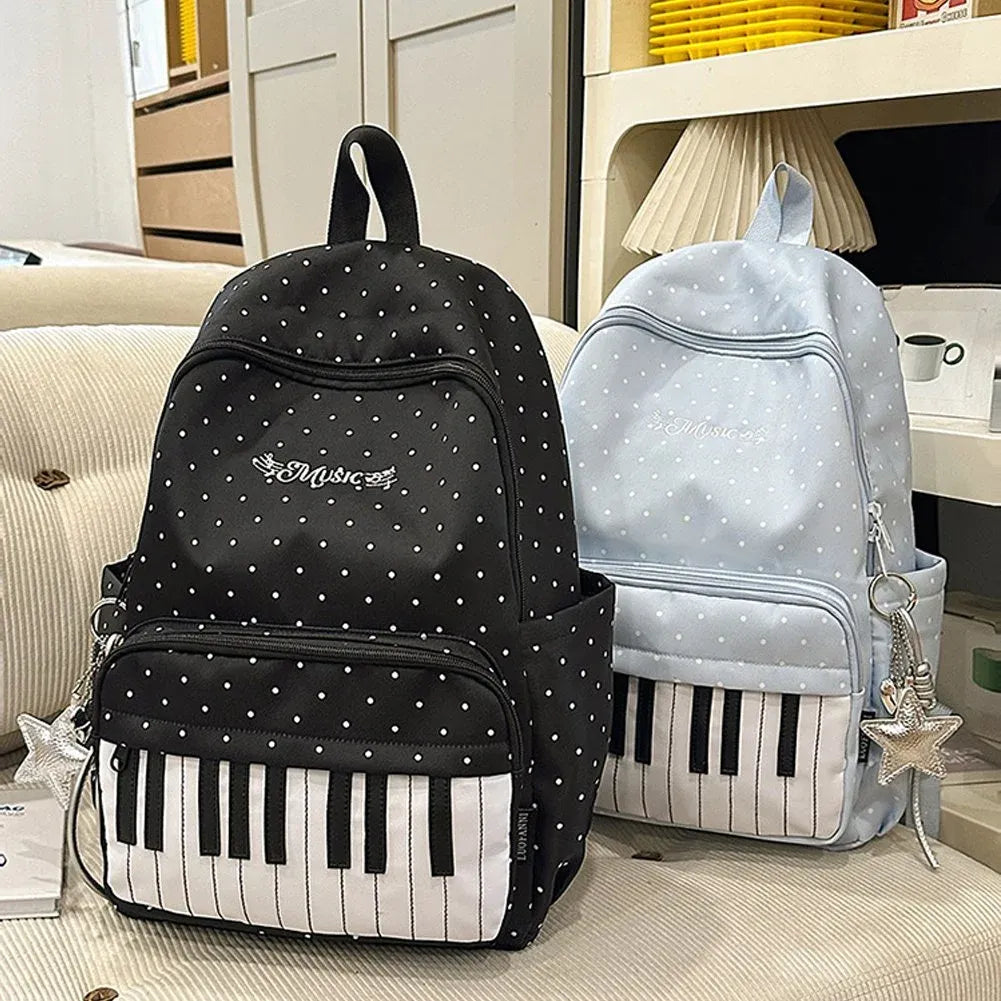 Piano Print Backpack Large Capacity Polka Dot Casual Travel Daypack, Blue, for Travel, Shopping, Work and Daily Carry