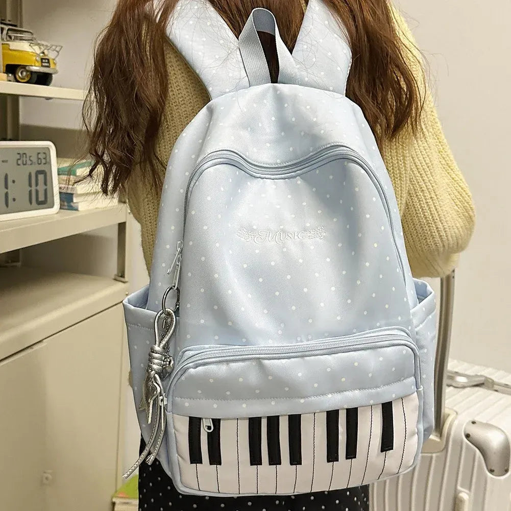 Piano Print Backpack Large Capacity Polka Dot Casual Travel Daypack, Blue, for Travel, Shopping, Work and Daily Carry
