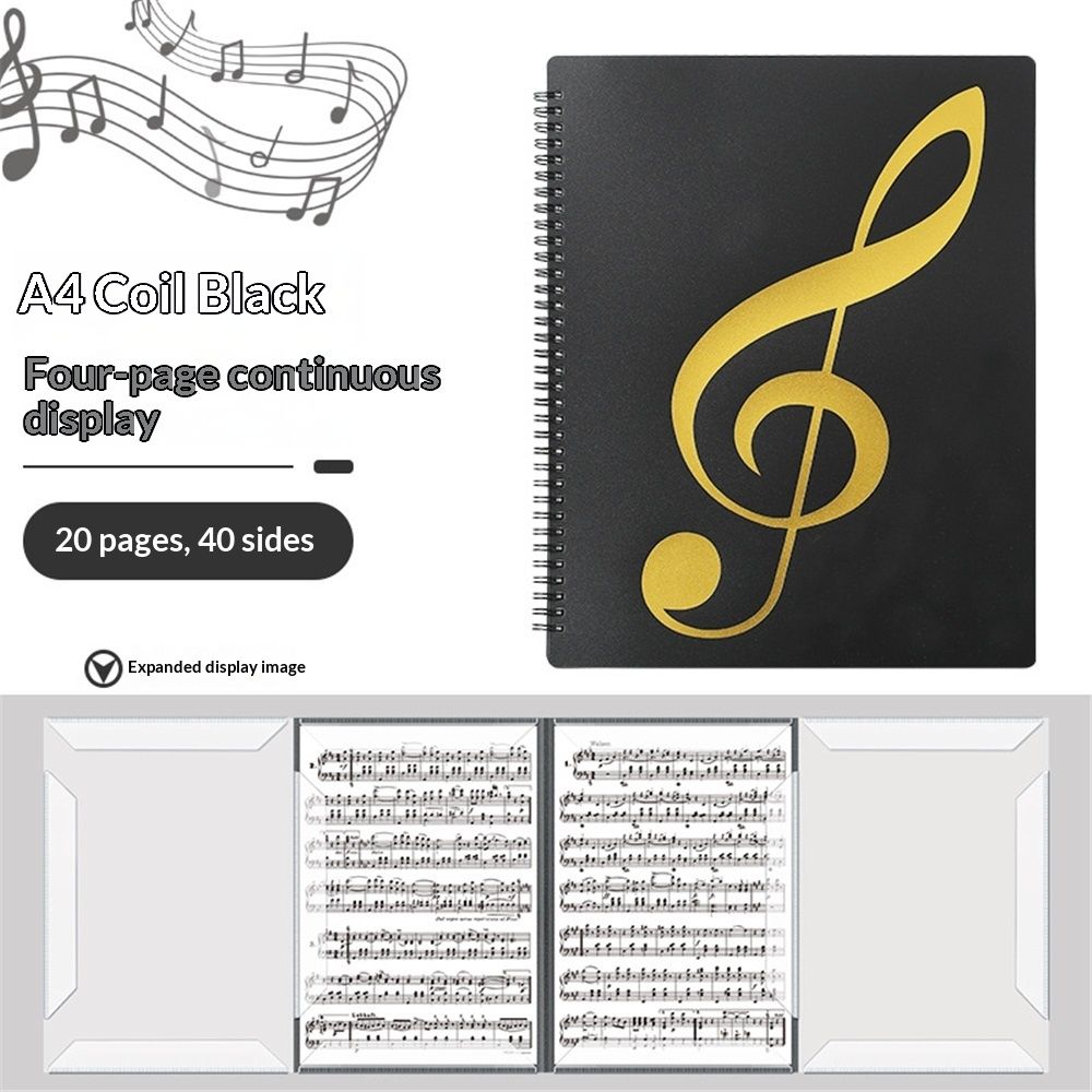 Sheet Music Folder,  Music Binder, 4 Page Expand,20 Pages Capacity, Writable Choir Folder, Black