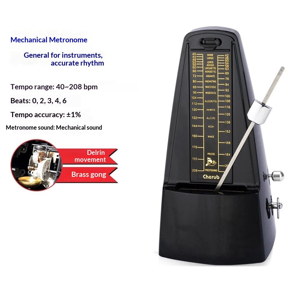 metronome - Classic Mechanical Wind-Up Design with Bell for Piano, Guitar, Violin & All Instruments (Black)
