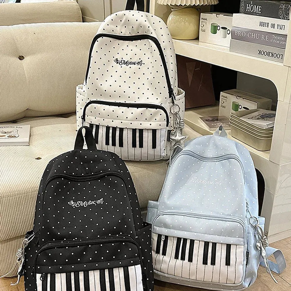 Blue Piano Print Backpack, Large Capacity Polka Dot Casual Travel Daypack