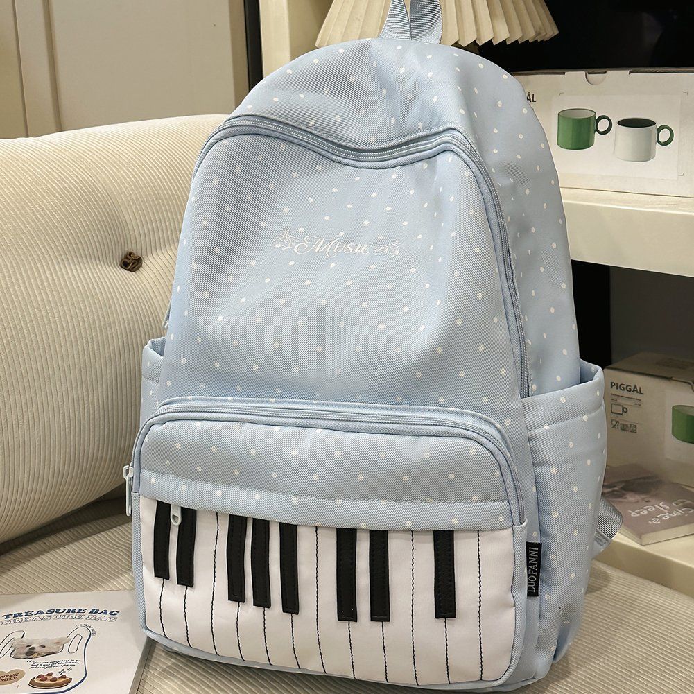 Blue Piano Print Backpack, Large Capacity Polka Dot Casual Travel Daypack