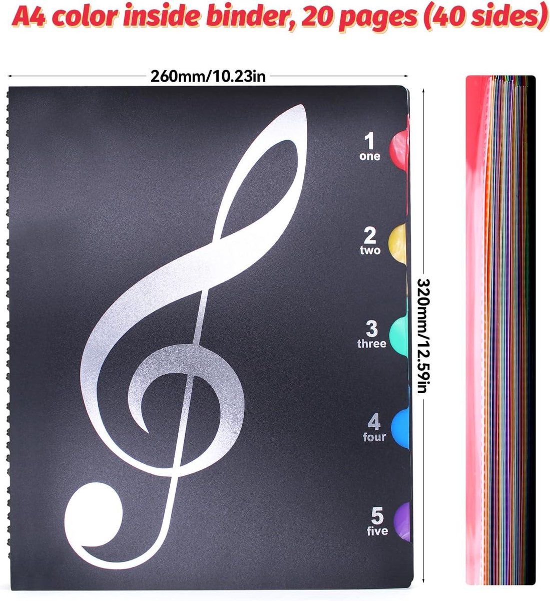 A4 Sheet Music Folder 20 Pages PP Document Organizer Double Sided Display Book For Choir Musicians School Office Black, 320 x 260 mm