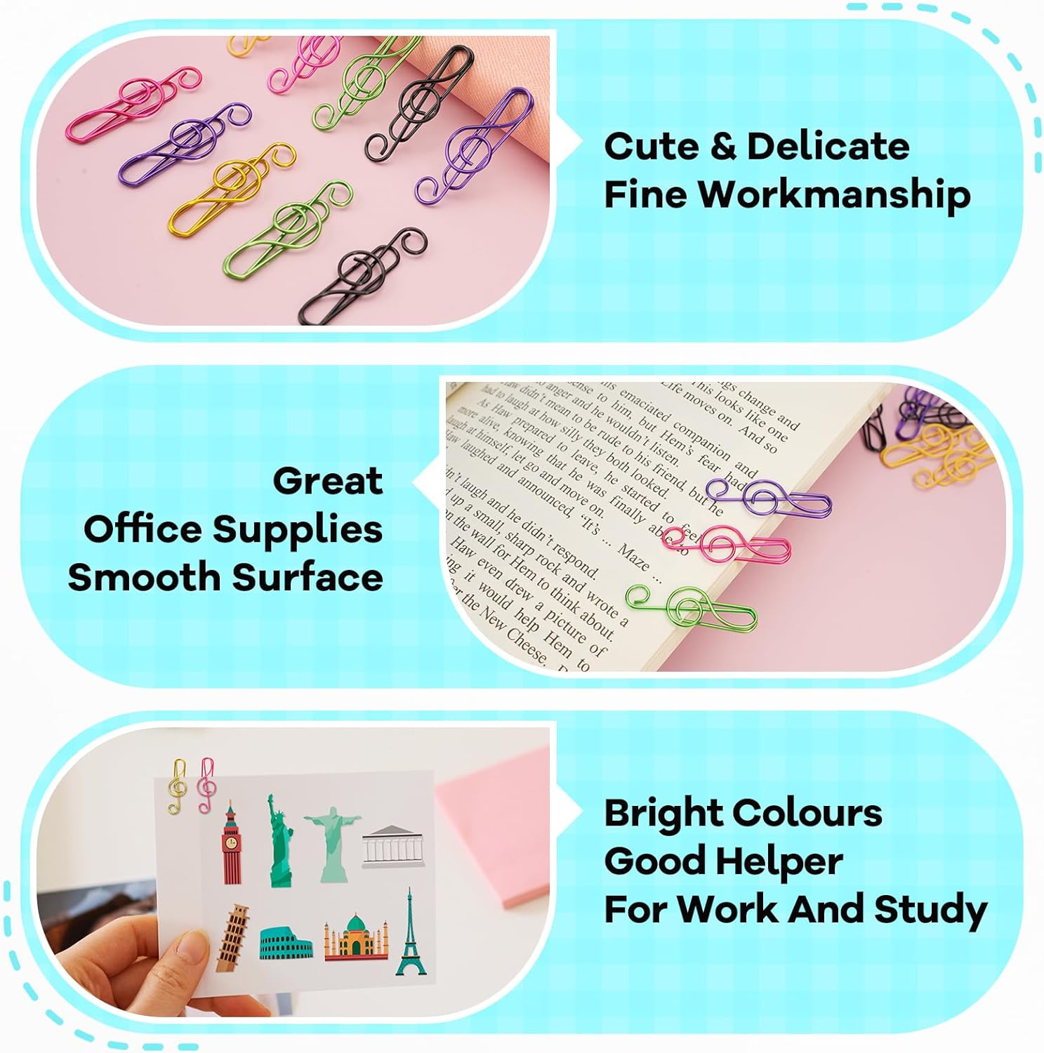 Paper Clips, 60 Pcs Colorful Music Note Paper Clip for Notebooks, Cute Paperclips Bookmarks Planner Clips, School/Office Supplies Accessories, 6 Color Available