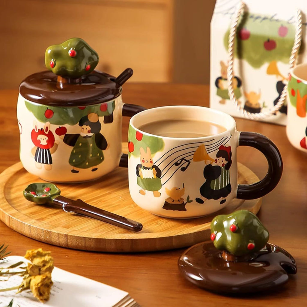 13 Oz Cute Apple Tree Girl Ceramic Coffee Mug Tea Mug with Lid and Leaf Spoon, Elegant Drinking Cup Gift for Women (Music,13 Oz)