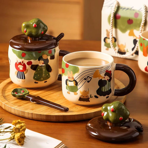 13 Oz Cute Apple Tree Girl Ceramic Coffee Mug Tea Mug with Lid and Leaf Spoon, Elegant Drinking Cup Gift for Women (Music,13 Oz)