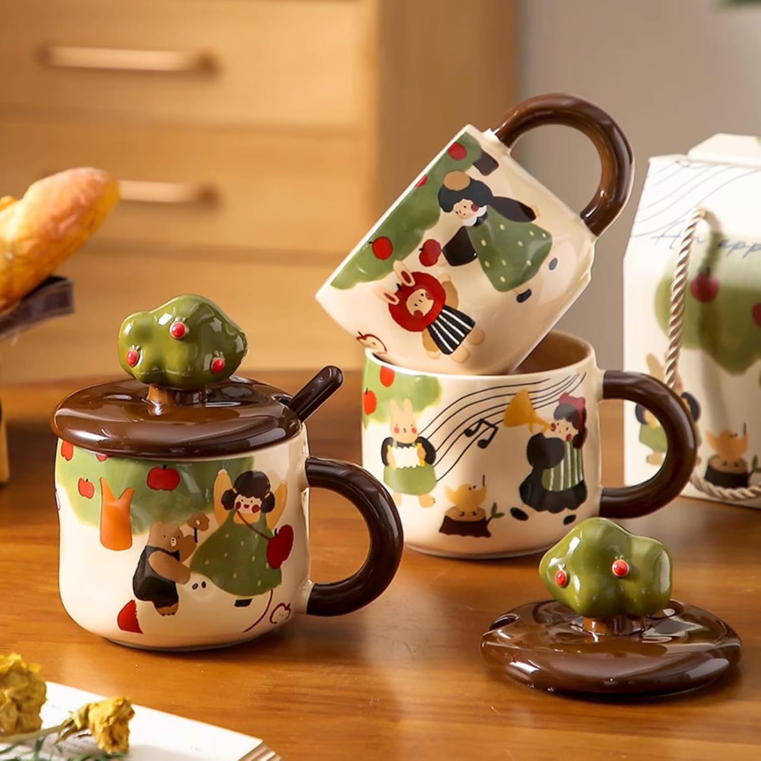 13 Oz Cute Apple Tree Girl Ceramic Coffee Mug Tea Mug with Lid and Leaf Spoon, Elegant Drinking Cup Gift for Women (Music,13 Oz)