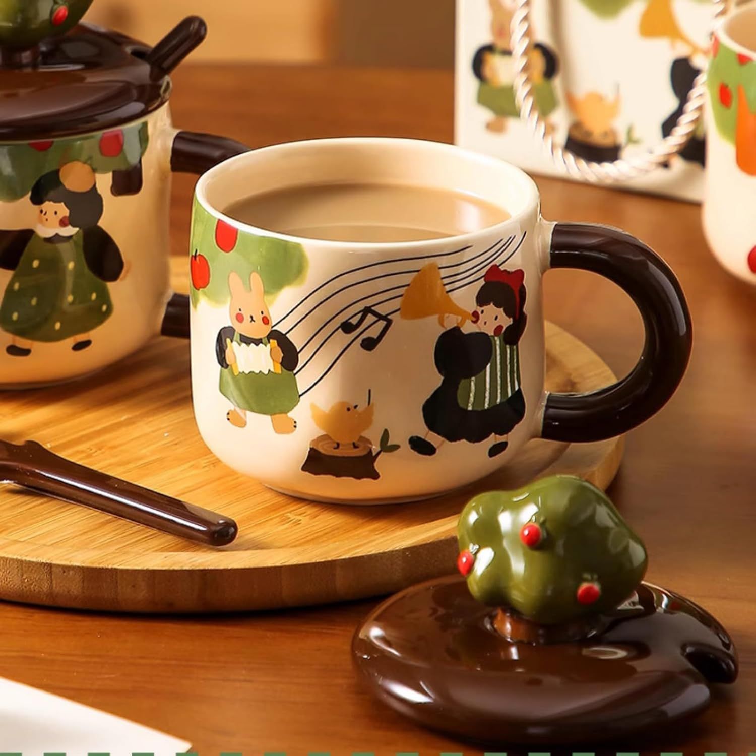 13 Oz Cute Apple Tree Girl Ceramic Coffee Mug Tea Mug with Lid and Leaf Spoon, Elegant Drinking Cup Gift for Women (Music,13 Oz)