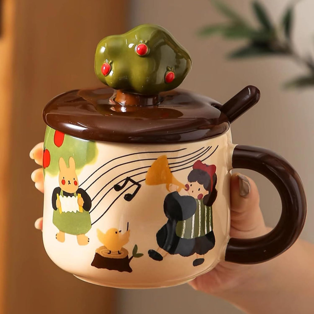 13 Oz Cute Apple Tree Girl Ceramic Coffee Mug Tea Mug with Lid and Leaf Spoon, Elegant Drinking Cup Gift for Women (Music,13 Oz)