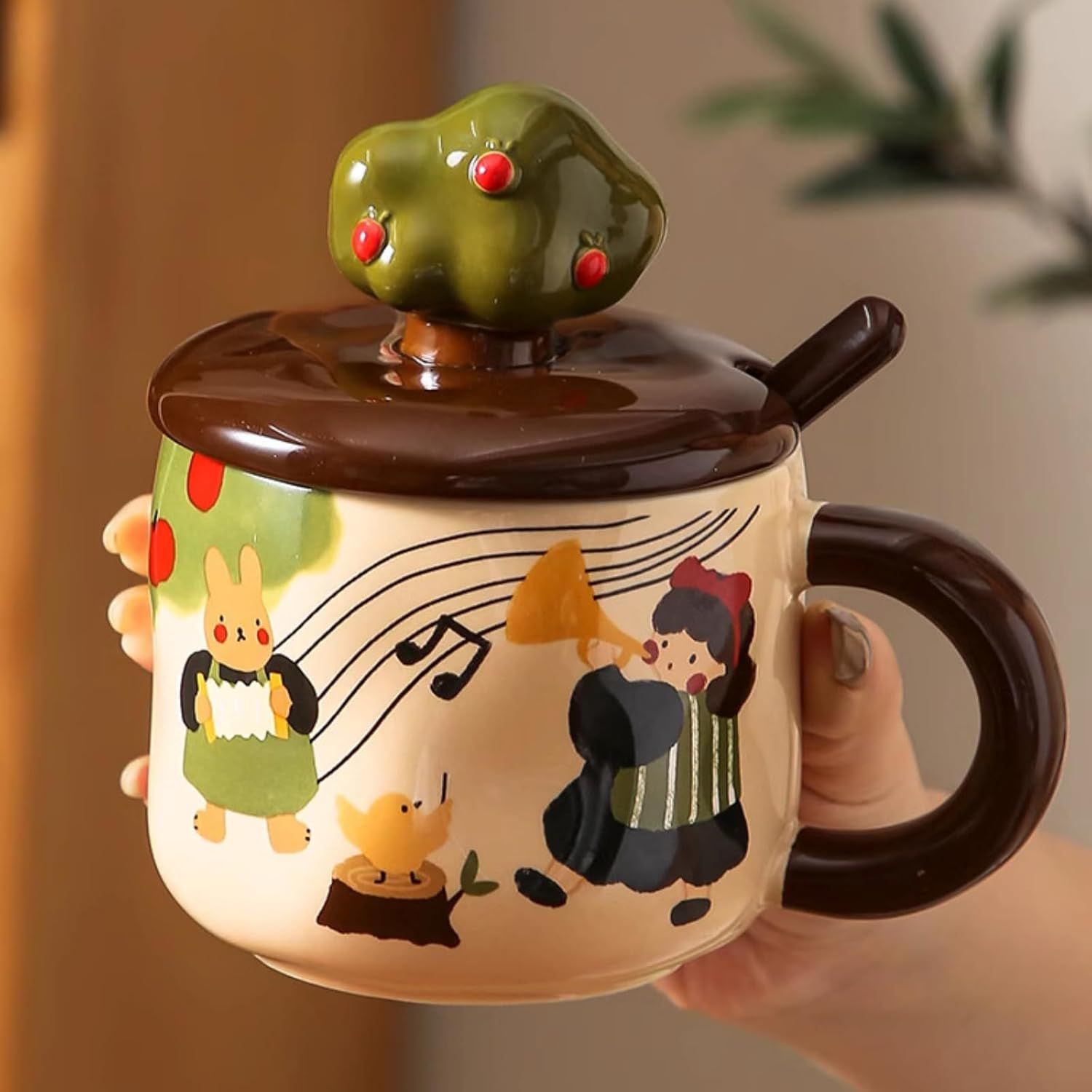 13 Oz Cute Apple Tree Girl Ceramic Coffee Mug Tea Mug with Lid and Leaf Spoon, Elegant Drinking Cup Gift for Women (Music,13 Oz)