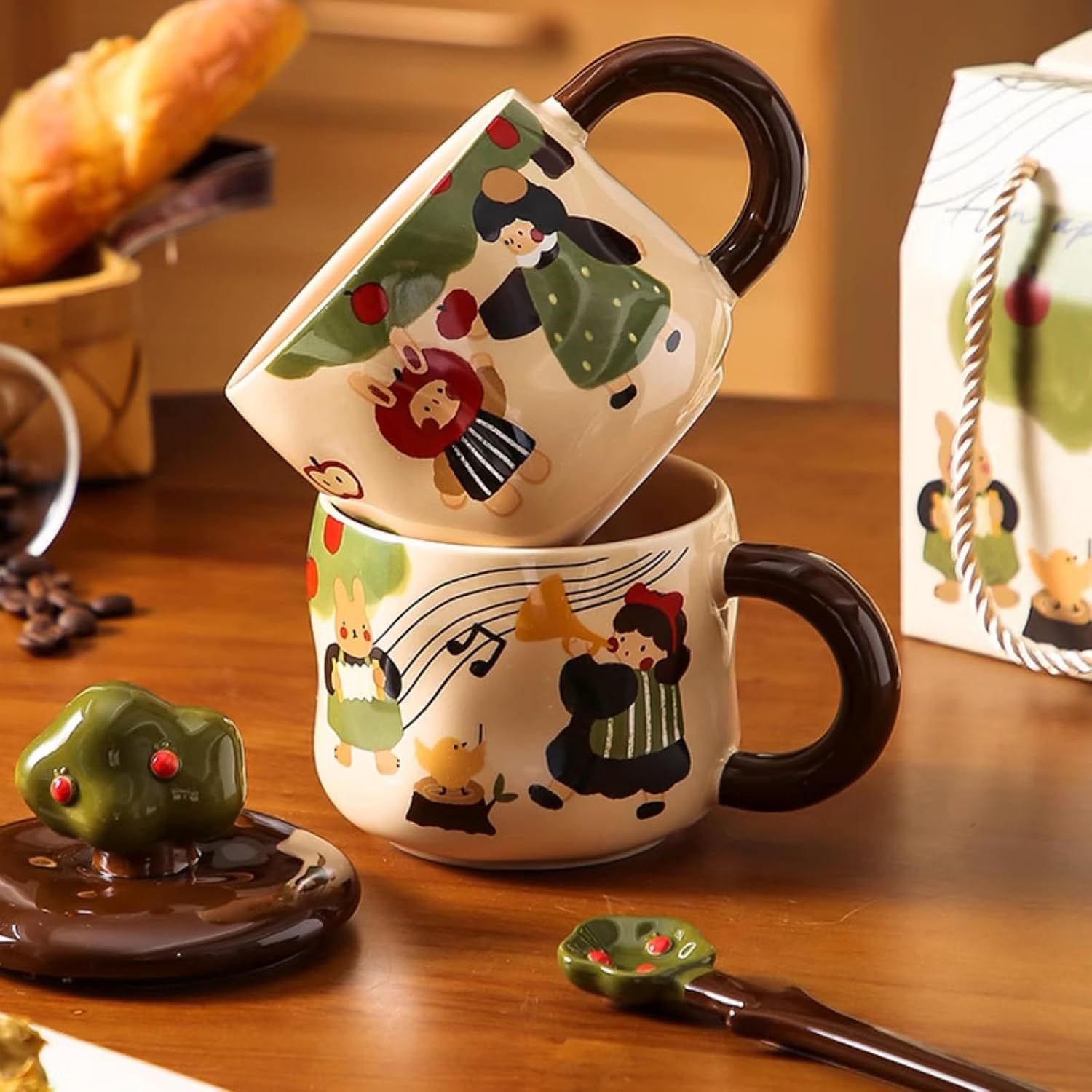13 Oz Cute Apple Tree Girl Ceramic Coffee Mug Tea Mug with Lid and Leaf Spoon, Elegant Drinking Cup Gift for Women (Music,13 Oz)