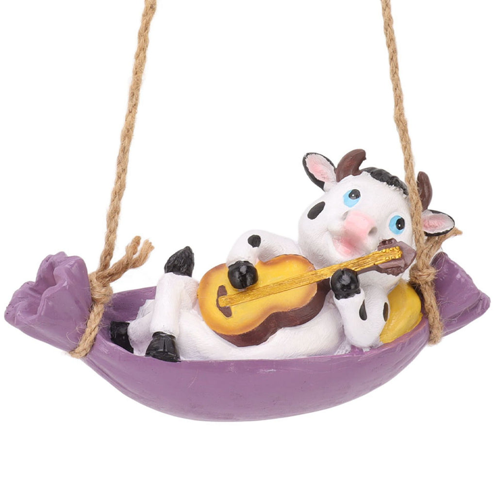Cow Playing Guitar Garden Statue Vivid Cute Hanging Resin Cattle Sculpture Art Decoration for Lawn Patio Courtyard Dairy Cow