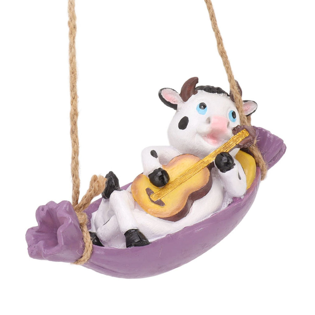 Cow Playing Guitar Garden Statue Vivid Cute Hanging Resin Cattle Sculpture Art Decoration for Lawn Patio Courtyard Dairy Cow